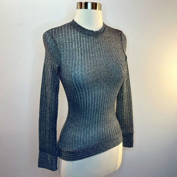 FRENCH CONNECTION Women's Flicker Rib L/S Silver Sheer Top - Size XS - NWT $88 - Picture 1 of 4